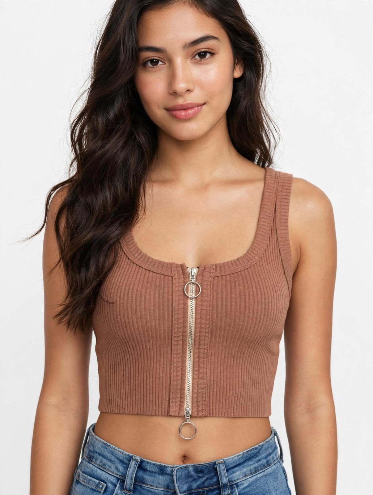 Blusa con Cremallera Rib Café